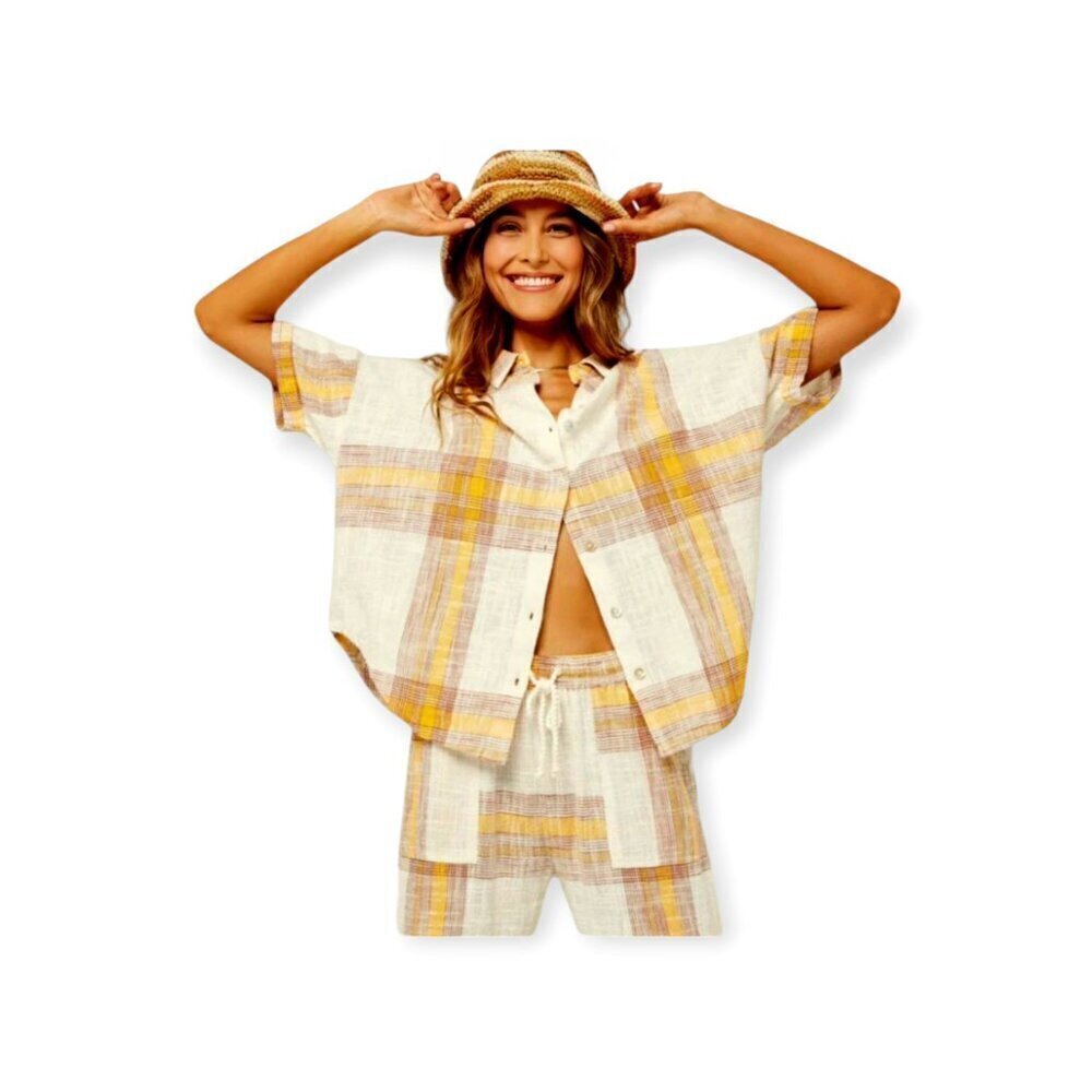 L*Space Isle Sun Plaid Button-Up Shirt Cream Orange S – Relaxed Summer Beach Sty - Picture 3 of 11